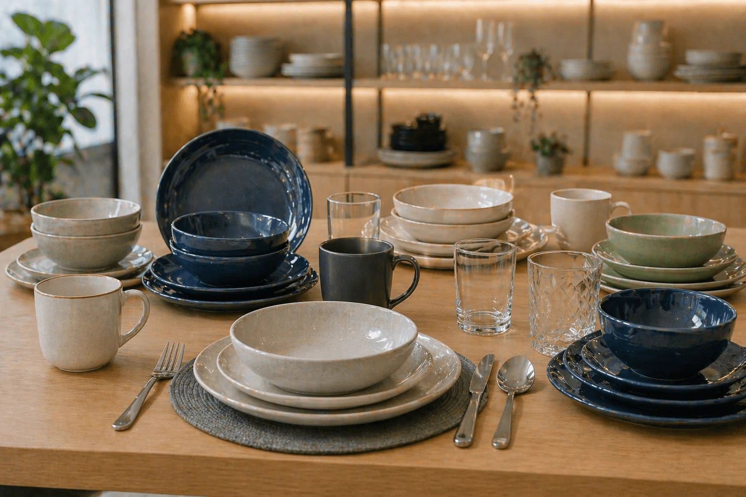 Mesa posta com pratos, copos, taças e talheres