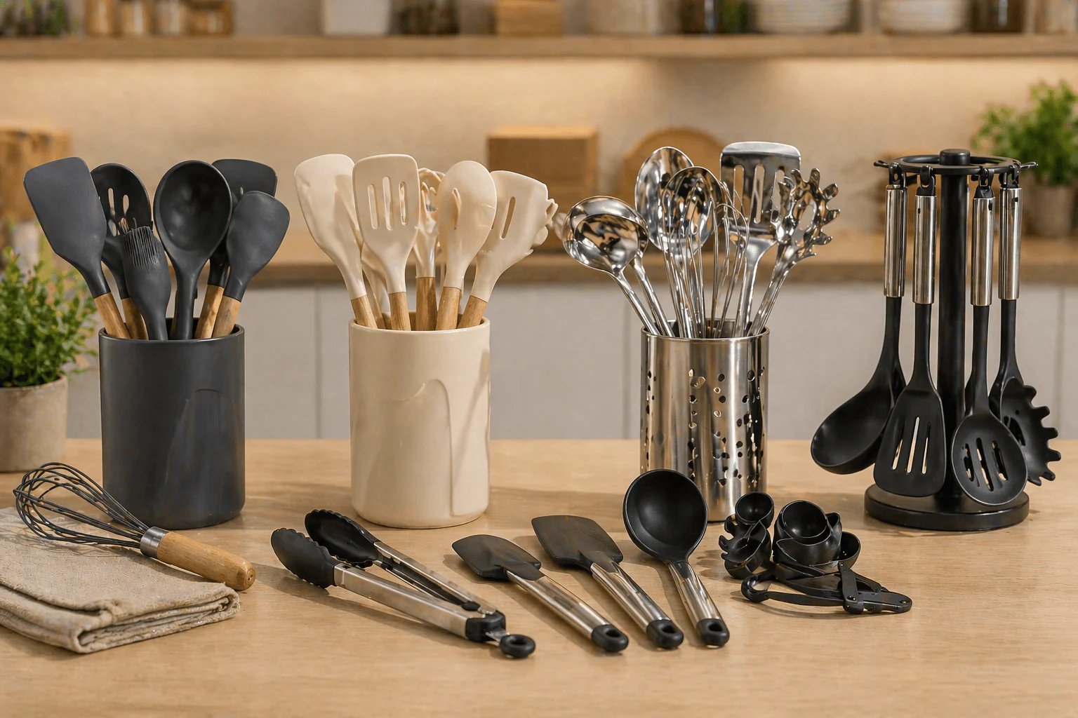 Utensílios de cozinha em silicone, inox e nylon